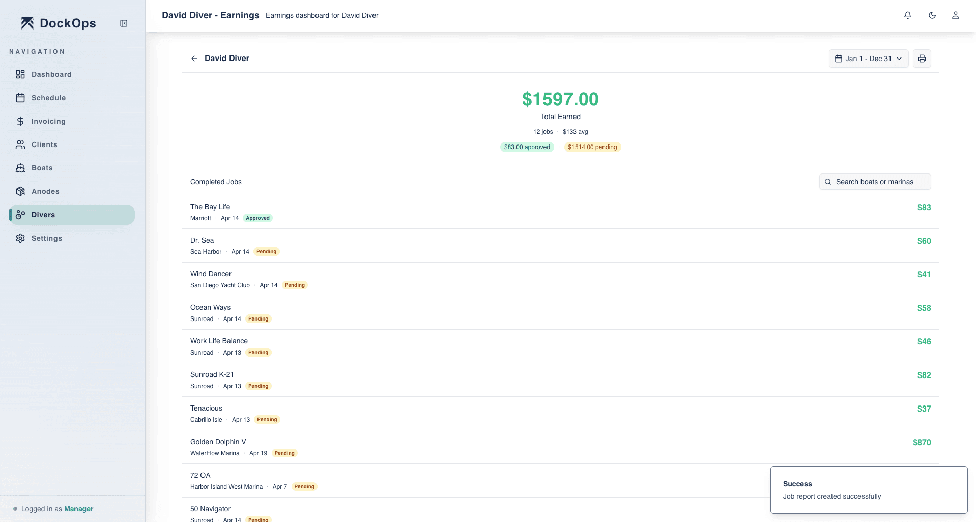 DockOps diver earnings dashboard — total earned, approved vs pending, and a per-job breakdown for one diver