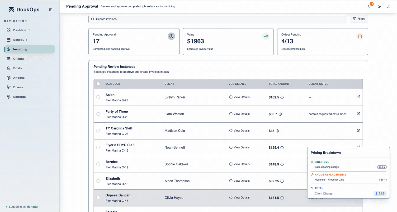 DockOps pending approval queue — pending invoices with client totals, job details, and a pricing breakdown panel