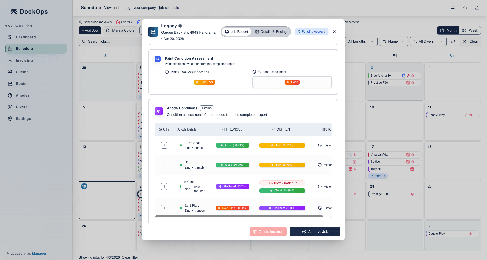 DockOps job report modal showing paint condition assessment and anode condition tracking for a hull cleaning job