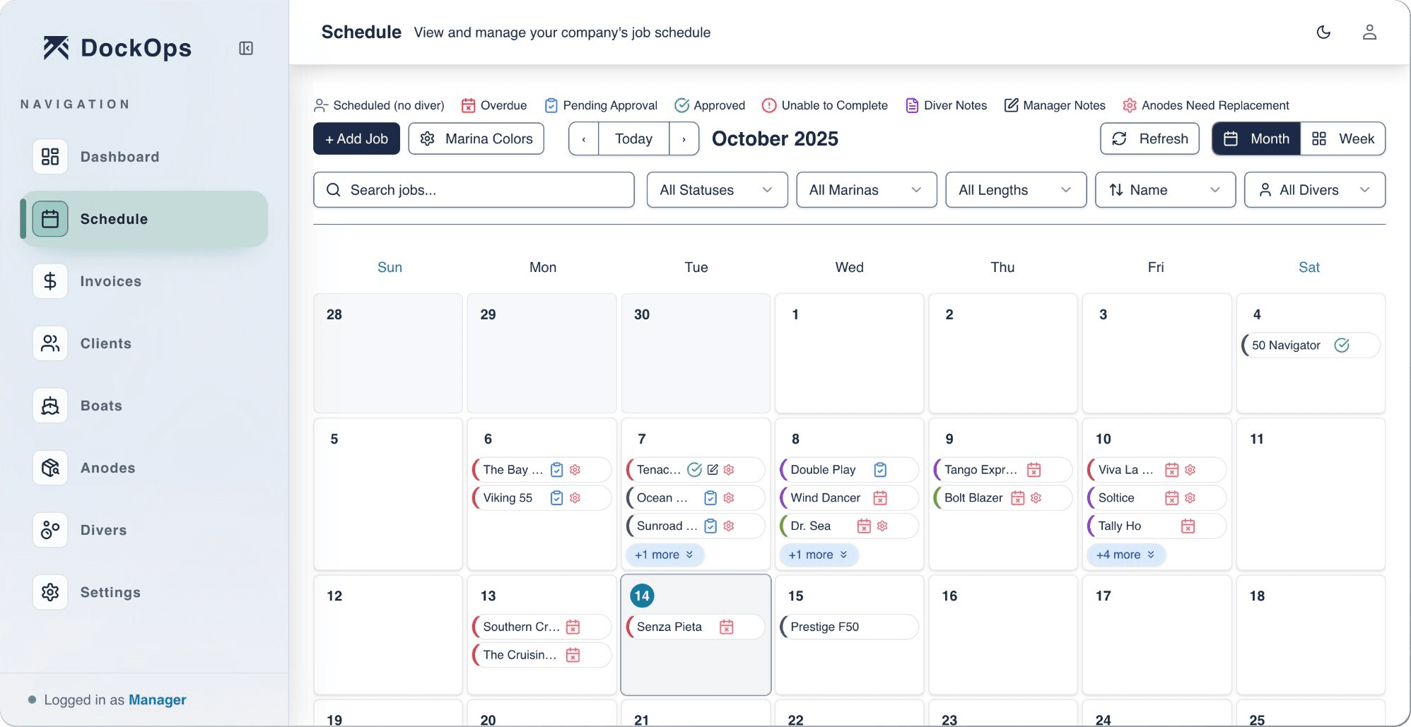 DockOps hull cleaning management dashboard — job scheduling, boat records, and diver assignments in one view